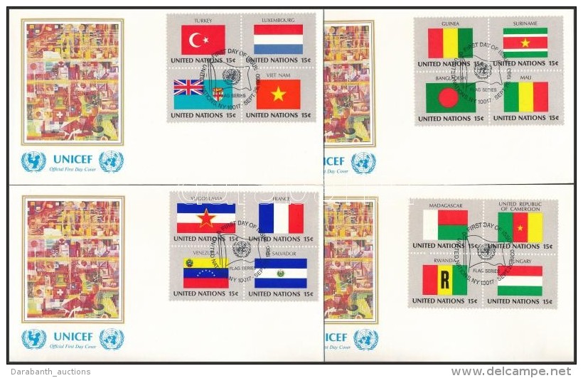 1980 Zászlók (I) Sor 4 Négyestömbben Mi 348-363 4 Db UNICEF FDC-n - Sonstige & Ohne Zuordnung