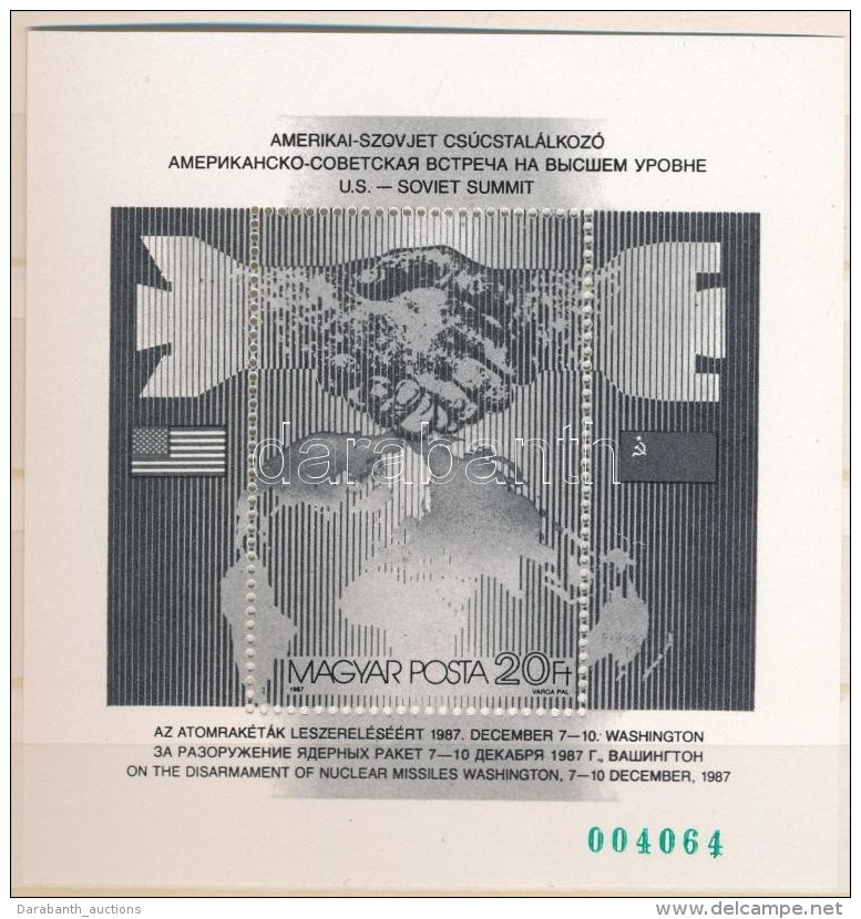 ** 1987 Amerikai-Szovjet Csúcstalálkozó Blokk Feketenyomat Zöld Sorszámmal, A... - Sonstige & Ohne Zuordnung