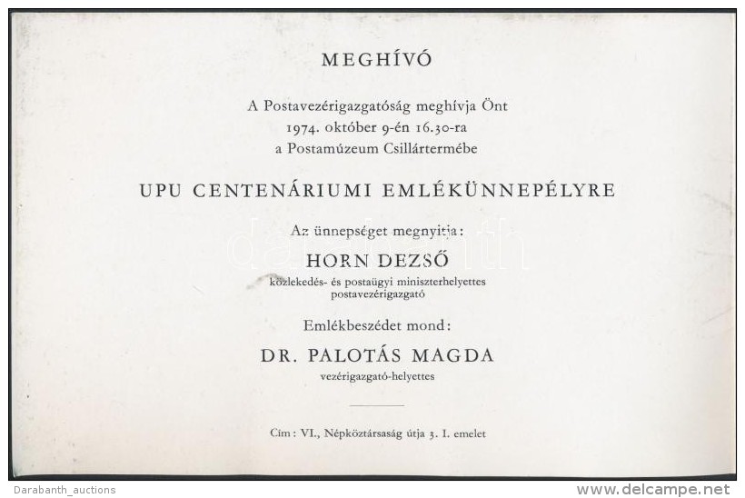 1974 Meghívó Az UPU Centenáriumi Magyar Posta Emlékünnepélyre - Sonstige & Ohne Zuordnung