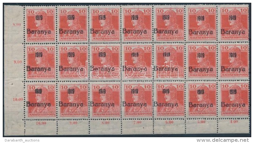 ** Baranya I 1919 Károly 10f ívsarki 21-es Tömb, Benne 2 Db Antikva / Block Of 21 With 2 Antigua... - Sonstige & Ohne Zuordnung