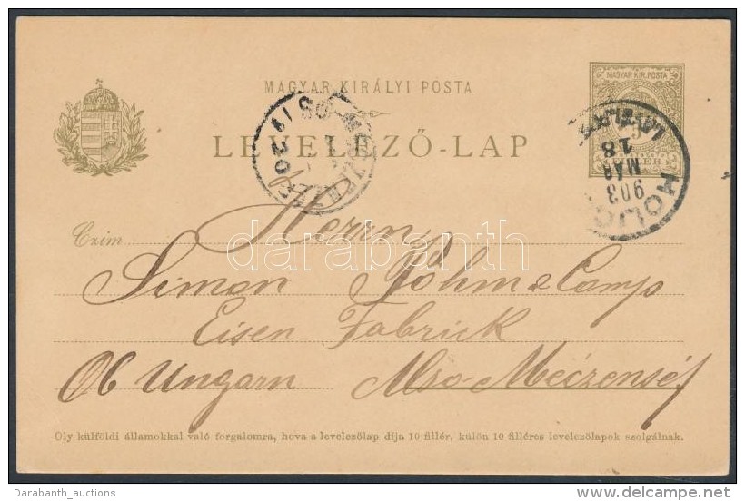 1903 Díjjegyes LevelezÅ‘lap 'HOLICS LEVÉLPOSTA' - 'ALSÓ-MECZENZÉF' - Other & Unclassified