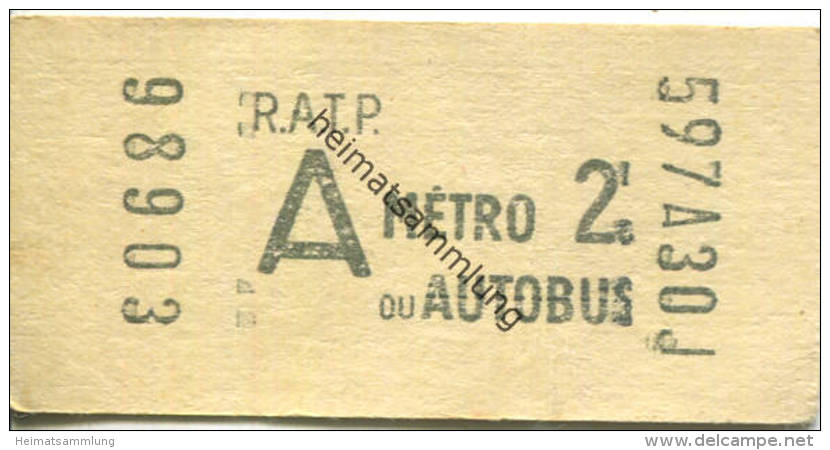 Paris - R.A.T.P. - A Metro Ou Autobus - Fahrschein - Autres & Non Classés