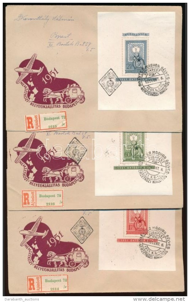 1951 80 éves A Magyar Bélyeg Blokk Sor 3 Db Ajánlott FDC-n (46.000) - Andere & Zonder Classificatie