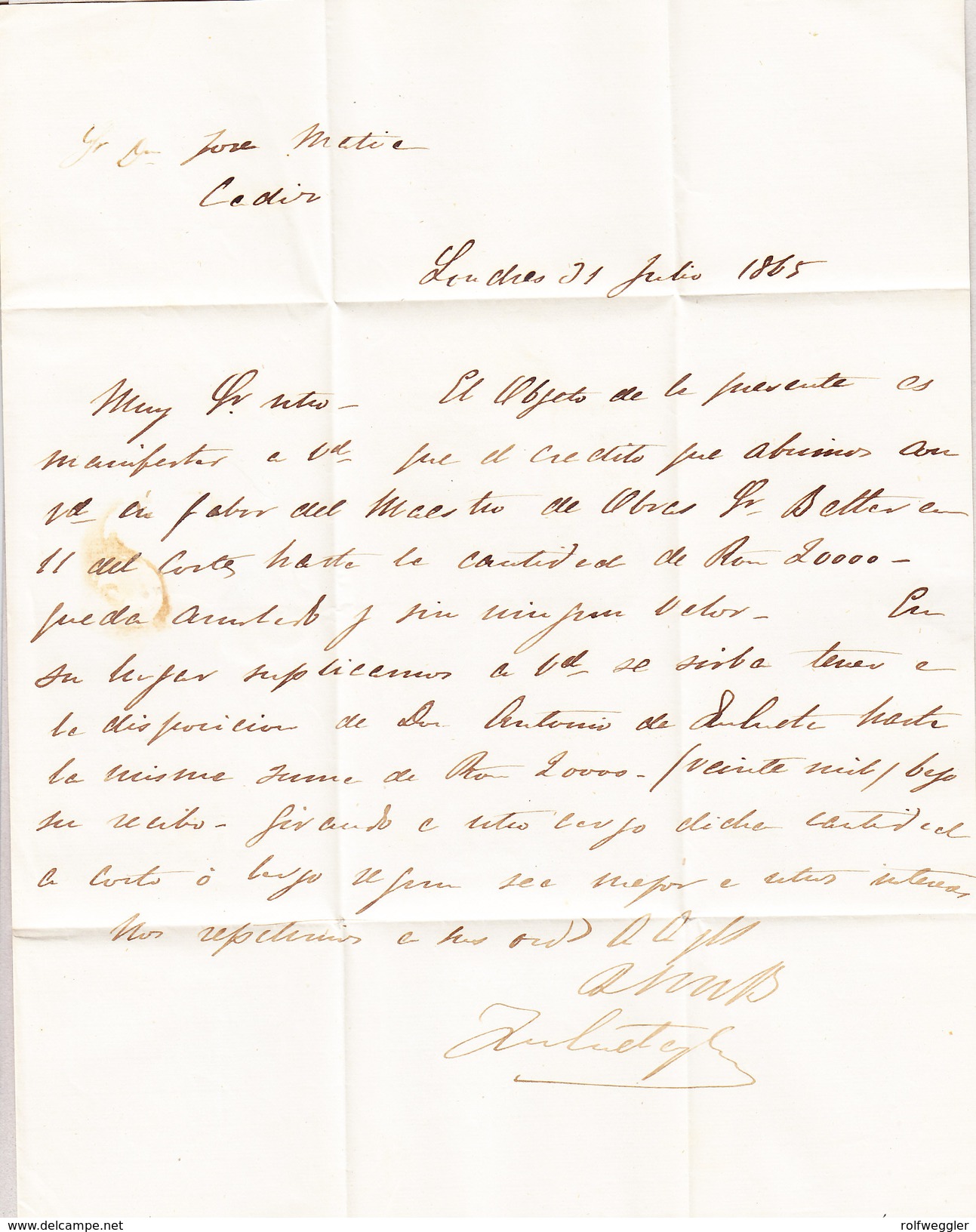 GB LONDON 31.7.1865 2 Und 4Pence Mischfrankatur Auf Brief Mit Inhalt Nach Cadiz Mit AK-Stempel Und PD Im Kreis Rot - Lettres & Documents