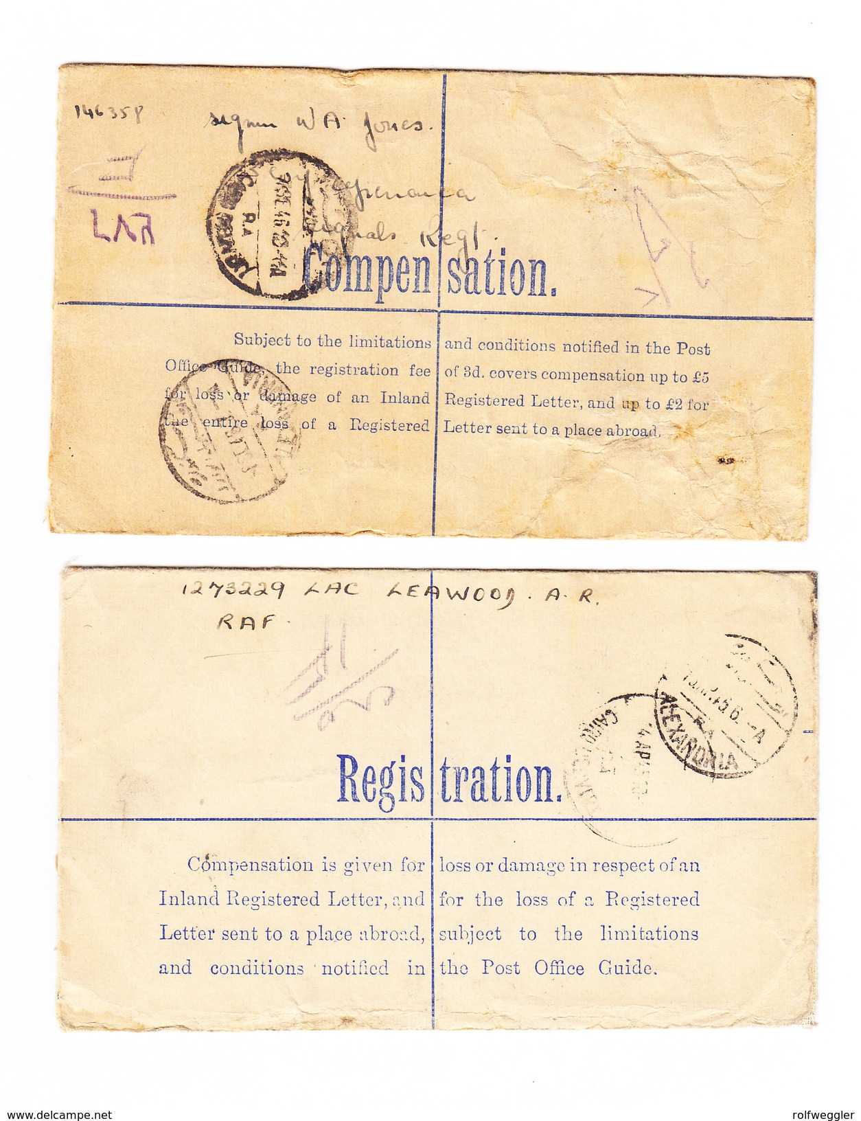 GB FIELD POST OFFICE 1945/46 Lot Von 2 R-Ganzsachen Nach Alexandria Egypten Davon 1 Mit RAF Zensur Stempel - Lettres & Documents