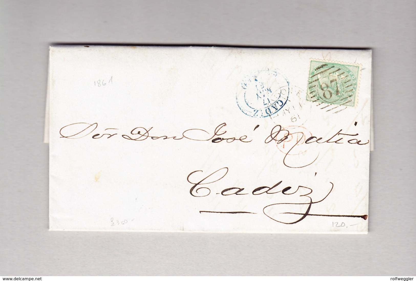 GB London #87 Faltbrief 11.5.1861 Mit 1 Sh Viktoria Nach Cadiz Spanien - Lettres & Documents