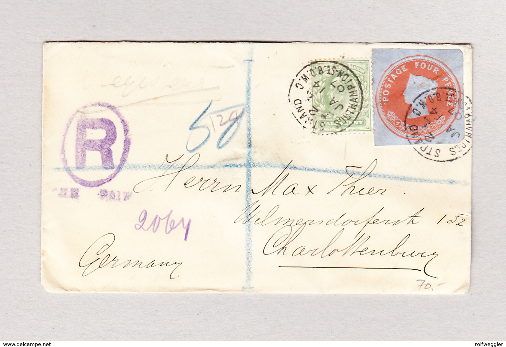 GB GS Ausschnitt 4d Mit Halfpenny Auf R-Brief 14.1.1907 Nach Charlottenburg - Lettres & Documents
