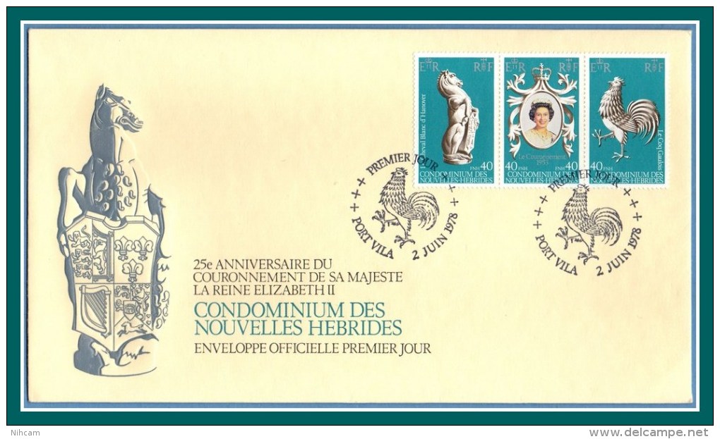 N. Hébrides FDC Couronnement S.M. Elizabeth II 1978 Coq Cheval Horse Tryptique - FDC