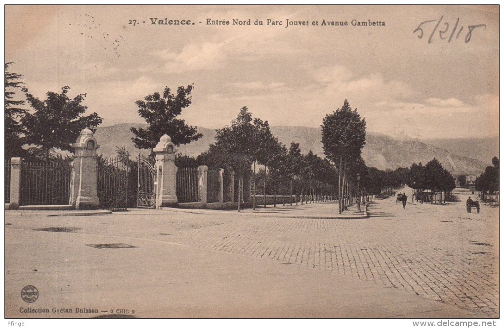 Valence - Entrée Nord Du Parc Jouvet Et Avenue Gambetta, 1918 - Oblitération : F.M. 14ème Région - Valence
