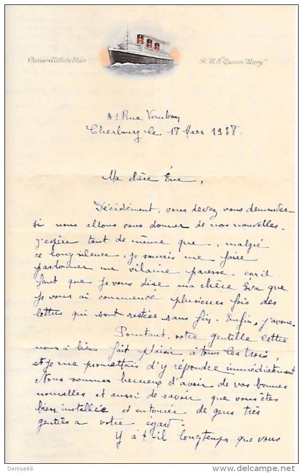 1938 - CHERBOURG (50) - Lettre à L'entête "R.M. S" QUEEN MARY" - Lettre Amicale - Enveloppe Jointe - - Documents Historiques