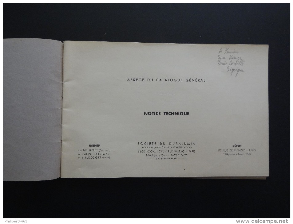 ABREGE DU CATALOGUE GENERAL SOCIETE DU DURALUMIN PARIS - 1900 – 1949