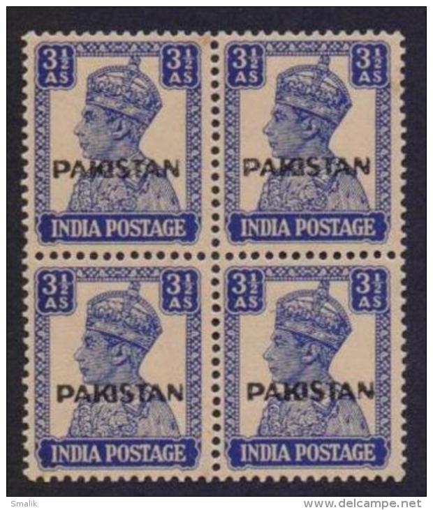 1947 PAKISTAN Overprint On KG VI British India Stamp, 3 1/2 Annas Block Of 4, MNH - Pakistan