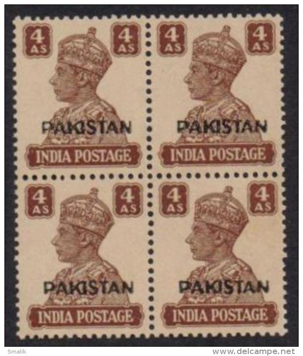 1947 PAKISTAN Overprint On KG VI British India Stamp, 4 Annas Block Of 4, MNH - Pakistan