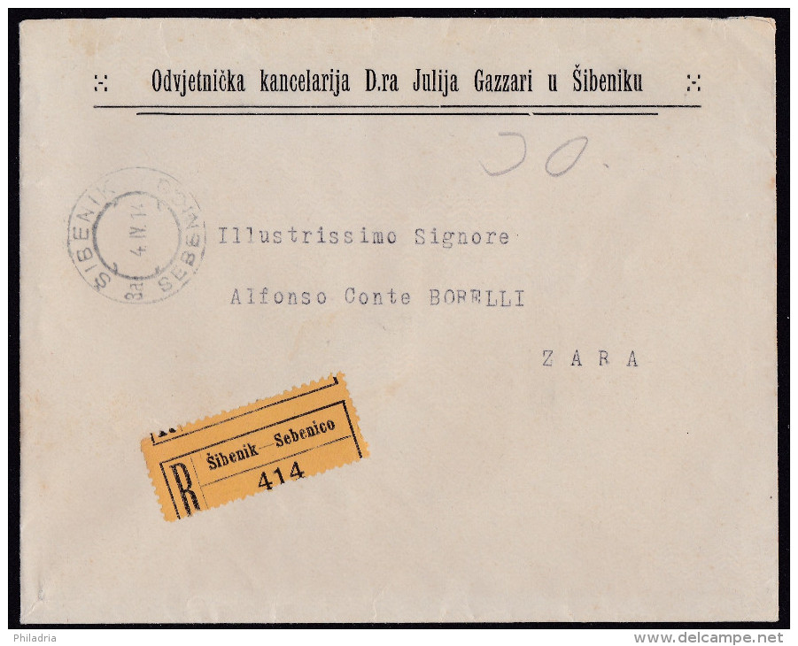 &Scaron;ibenik / Sebenico, Registered Cover, Franked 45 Hel., To Zara, 1914 - Brieven En Documenten