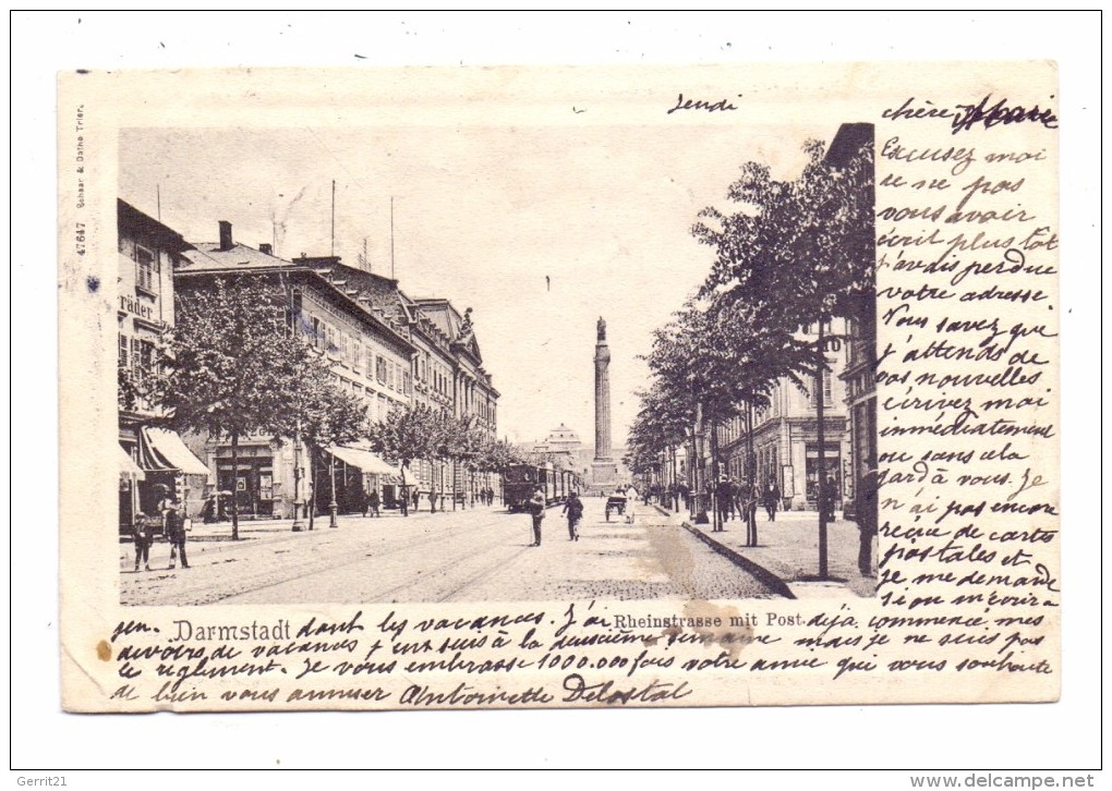 6100 DARMSTADT, Rheinstrasse Mit Post, Strassenbahn / TRam, 1902, Alben-Druckstelle - Darmstadt