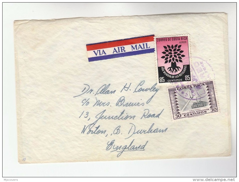 Air Mail COSTA RICA COVER Stamps 1960 WORLD REFUGEE YEAR , PHOSPHORUS Industry MATCH To GB Airmail Label - Costa Rica