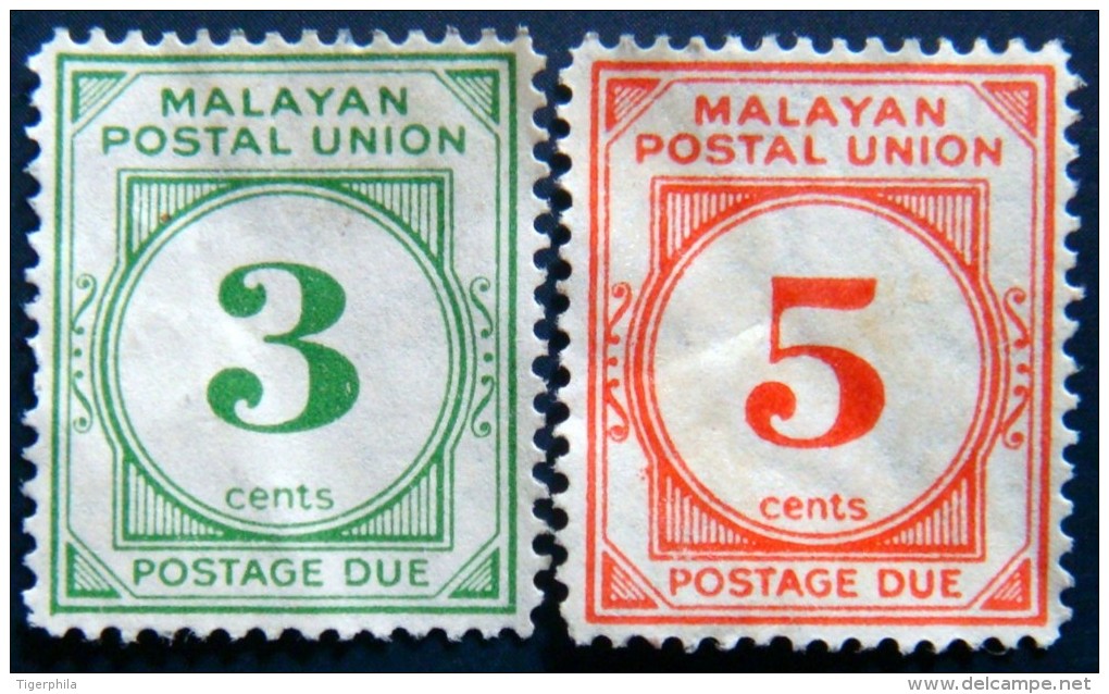 MALAYAN POSTAL UNION 1951 3c,5c Due Mint Slight Gum Disturbance ScottJ22,J24 CV$80 Watermark : Multiscript Crown & CA - Malayan Postal Union