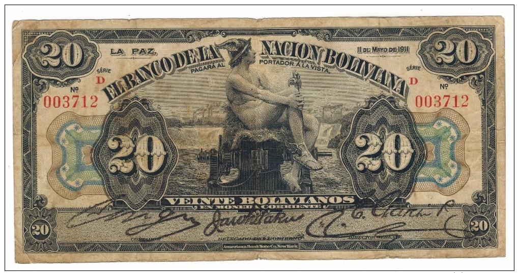 Bolivia 20 Bolivianos, 1911, Used, Free Ship. To USA - Bolivia