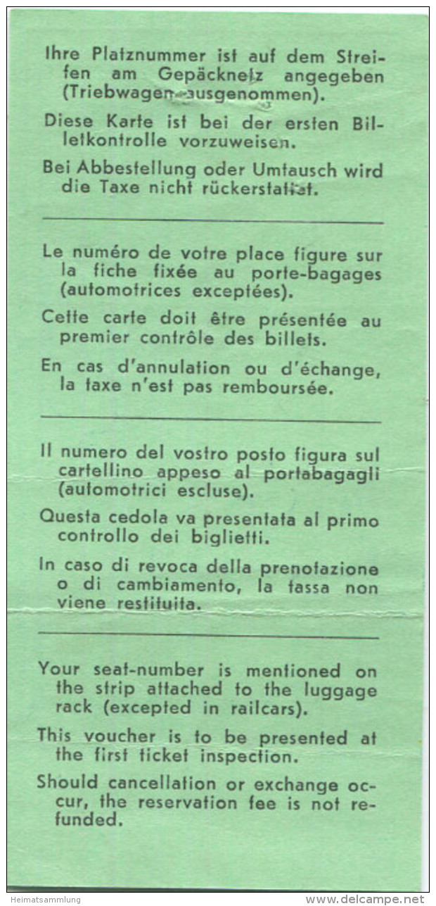 Schweiz - Platzkarte Ticket Garde-Place - 1961 1. Classe - Nichtraucher Fr. 1.50 Zürich Wien - Sonstige & Ohne Zuordnung