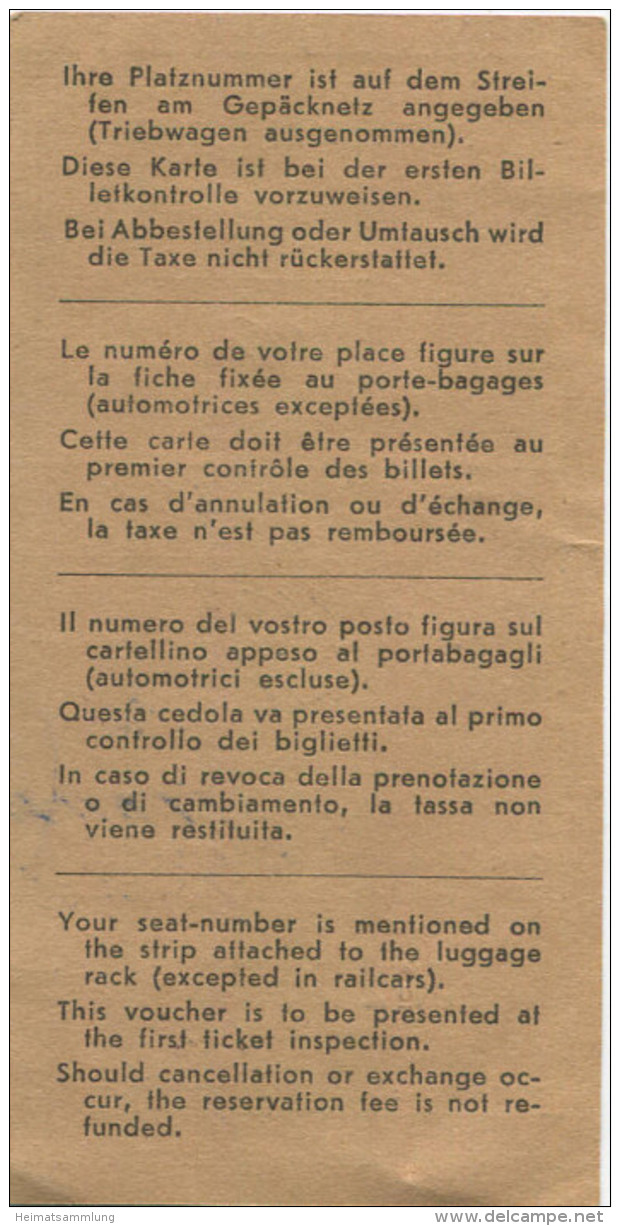 Schweiz - Platzkarte Prenotazione Di Posto - 1957 2. Classe - Raucher Fr. 1.50 Basel Köln - Sonstige & Ohne Zuordnung