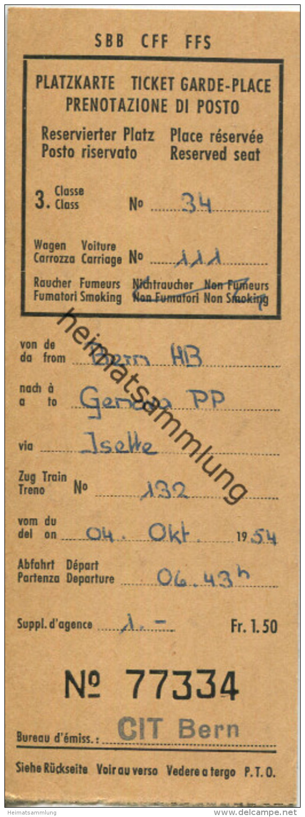 Schweiz - Platzkarte Ticket Garde-Place Prenotazione Di Posto - 1954 3. Classe - Raucher Fr. 1.50 Zürich Wien - Sonstige & Ohne Zuordnung