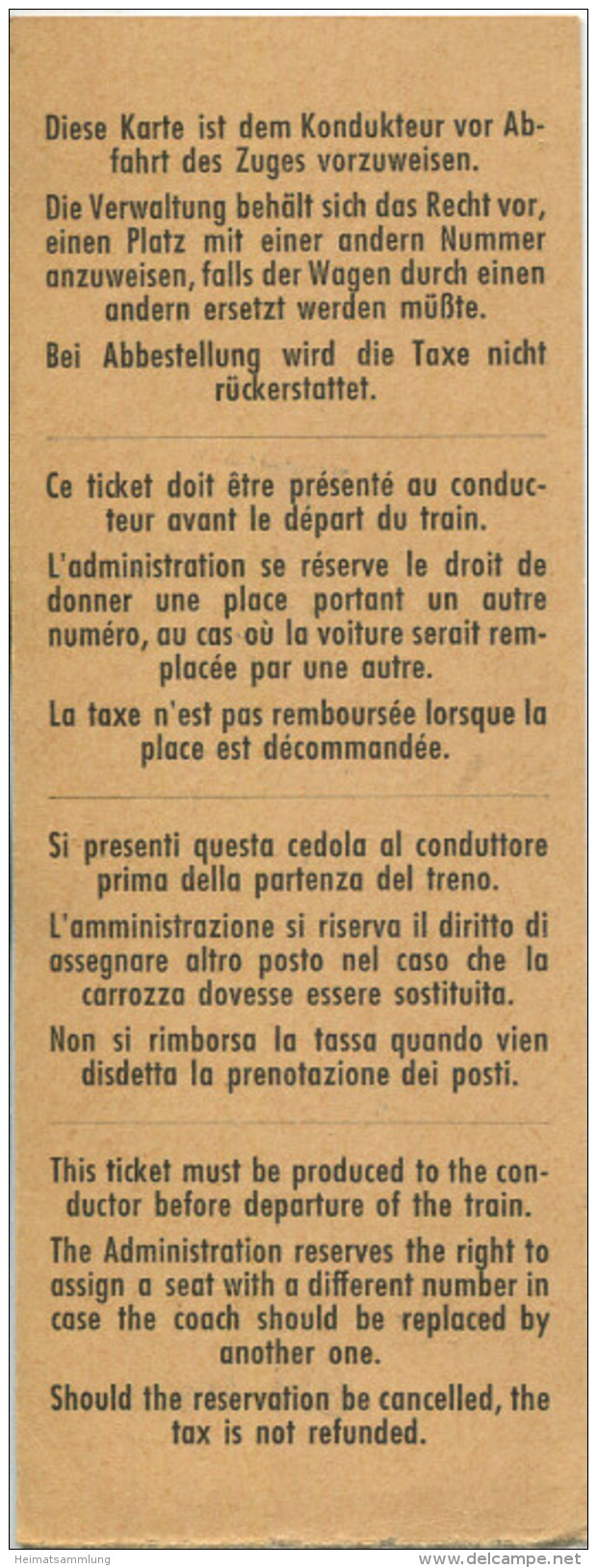 Schweiz - Platzkarte Ticket Garde-Place Prenotazione Di Posto - 1954 3. Classe - Raucher Fr. 1.50 Zürich Wien - Sonstige & Ohne Zuordnung