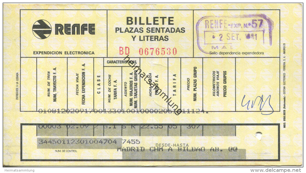 Spanien - Billete Plazas Sendatas Y Literas - Platzkarte - RENFE - 1981 Madrid Bilbao - Sonstige & Ohne Zuordnung