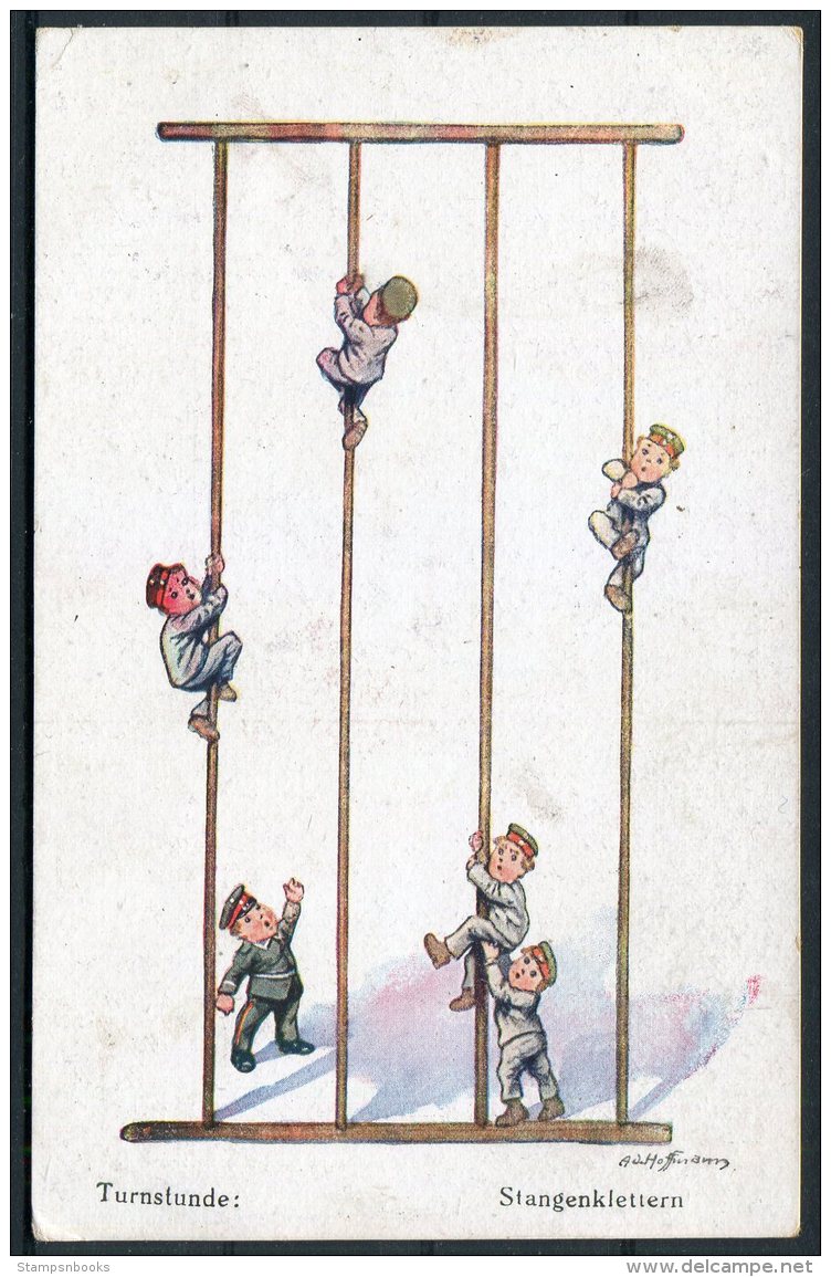 WW1 Germany Turnstunde Stangenklettern / Child Children Kinder Comic Postcard - Humour