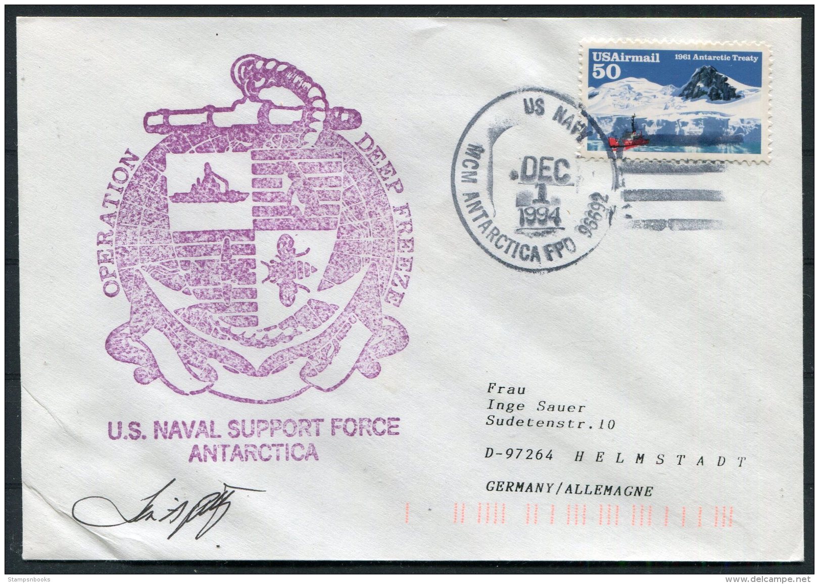 1994 USA US Navy FPO MCM ANTARCTICA Operation Deep Freeze Antarctic Polar Cover SIGNED - Polar Ships & Icebreakers
