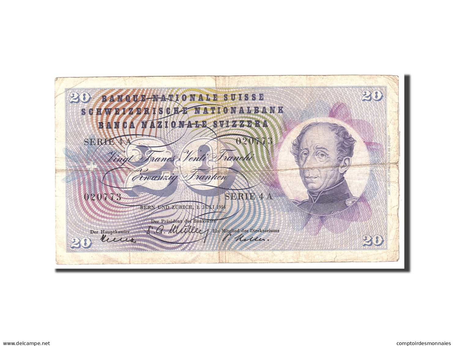 Billet, Suisse, 20 Franken, 1954, 1954-07-01, KM:46a, TB - Suiza
