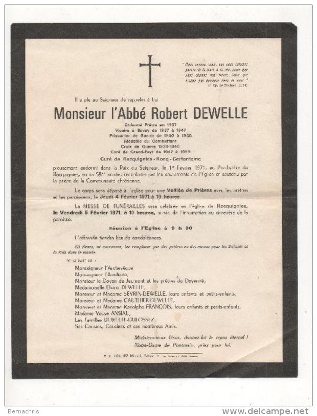 FAIRE PART DE DECES Mr L´ABBE ROBERT DEWELLE Curée De Recquignies - Rocq - Cerfontaine - Obituary Notices