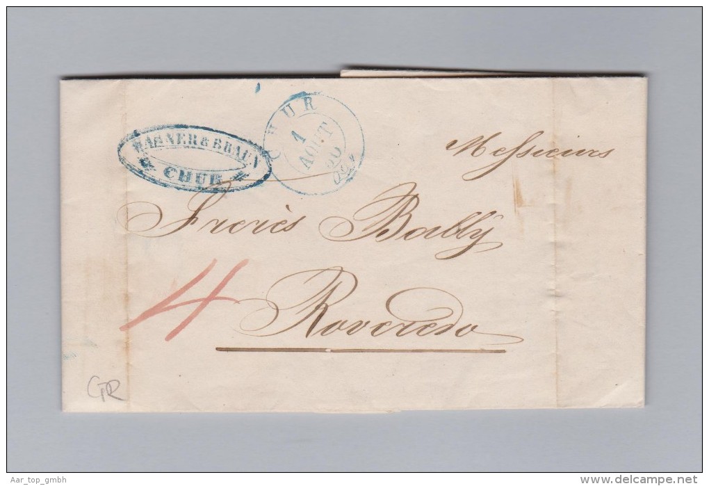 Heimat Schweiz GR CHUR 1850-08-01 Blau Auf Vorbedrücktem Brief (Tabac) Nach Roveredo - 1843-1852 Federal & Cantonal Stamps