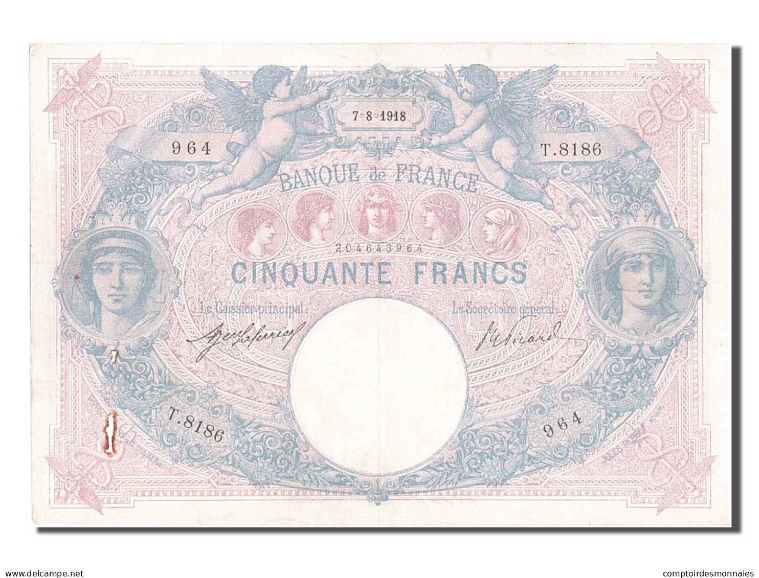 Billet, France, 50 Francs, 50 F 1889-1927 ''Bleu Et Rose'', 1918, 1918-08-07 - 50 F 1889-1927 ''Bleu Et Rose''