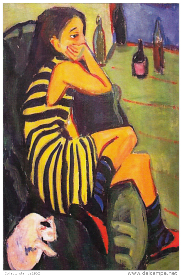 46829- RAPHAEL KIRCHNER- GIRL WITH CAT, ILLUSTRATION, VINTAGE REPRINT - Kirchner, Raphael