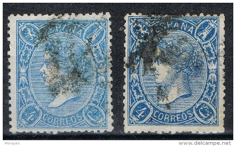 Dos Sellos 4 Cuartos Isabel II 1865, Variedad Color, Edifil Num 75 - 75a º - Usados