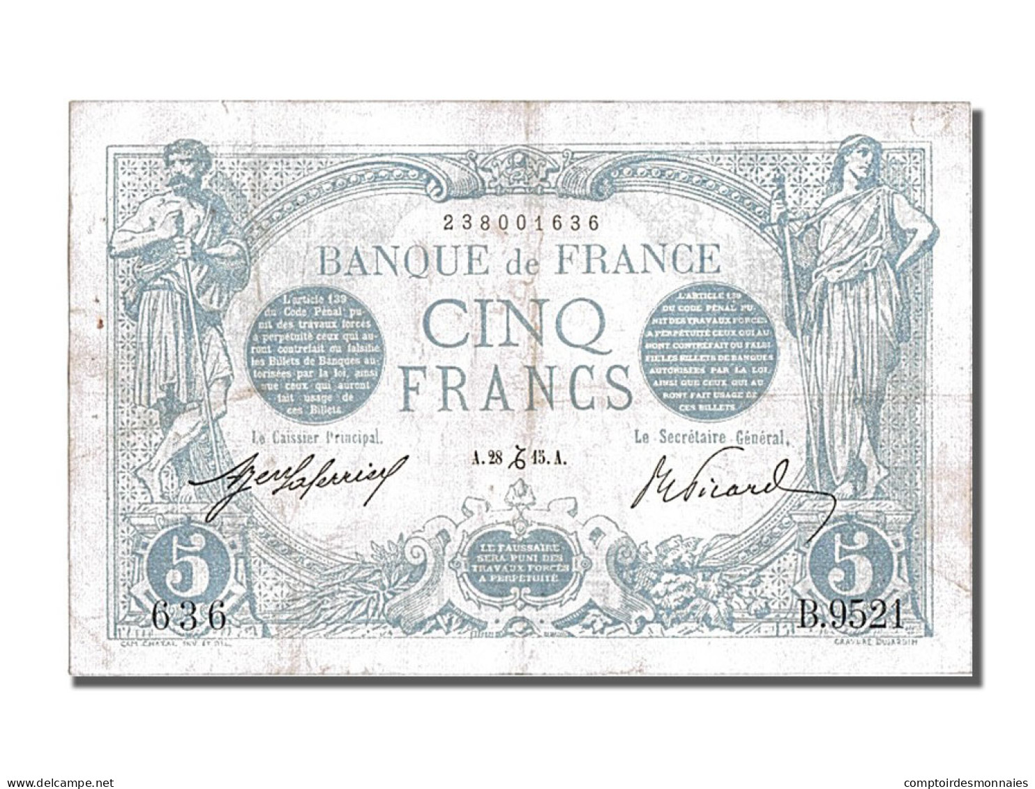 Billet, France, 5 Francs, 5 F 1912-1917 ''Bleu'', 1915, 1915-12-28, TTB+ - 5 F 1912-1917 ''Bleu''