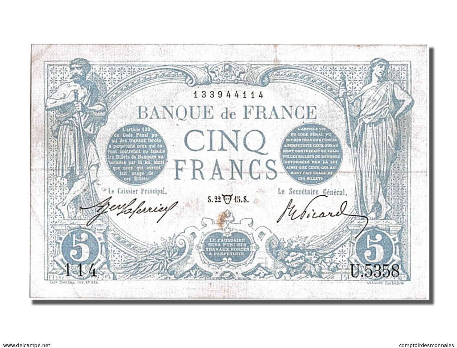 Billet, France, 5 Francs, 5 F 1912-1917 ''Bleu'', 1915, 1915-04-22, TTB+ - 5 F 1912-1917 ''Bleu''