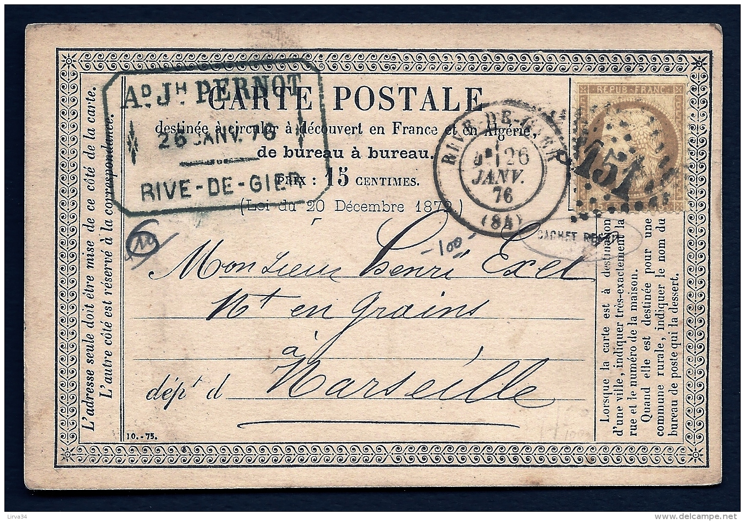 CPA PRECURSEUR AVEC TIMBRE CERES N°55- OBLIT. LOSANGE  + CAD DE RIVE-DE-GIER- + TAMPON PRIVÉ- 1876- - 1871-1875 Cérès