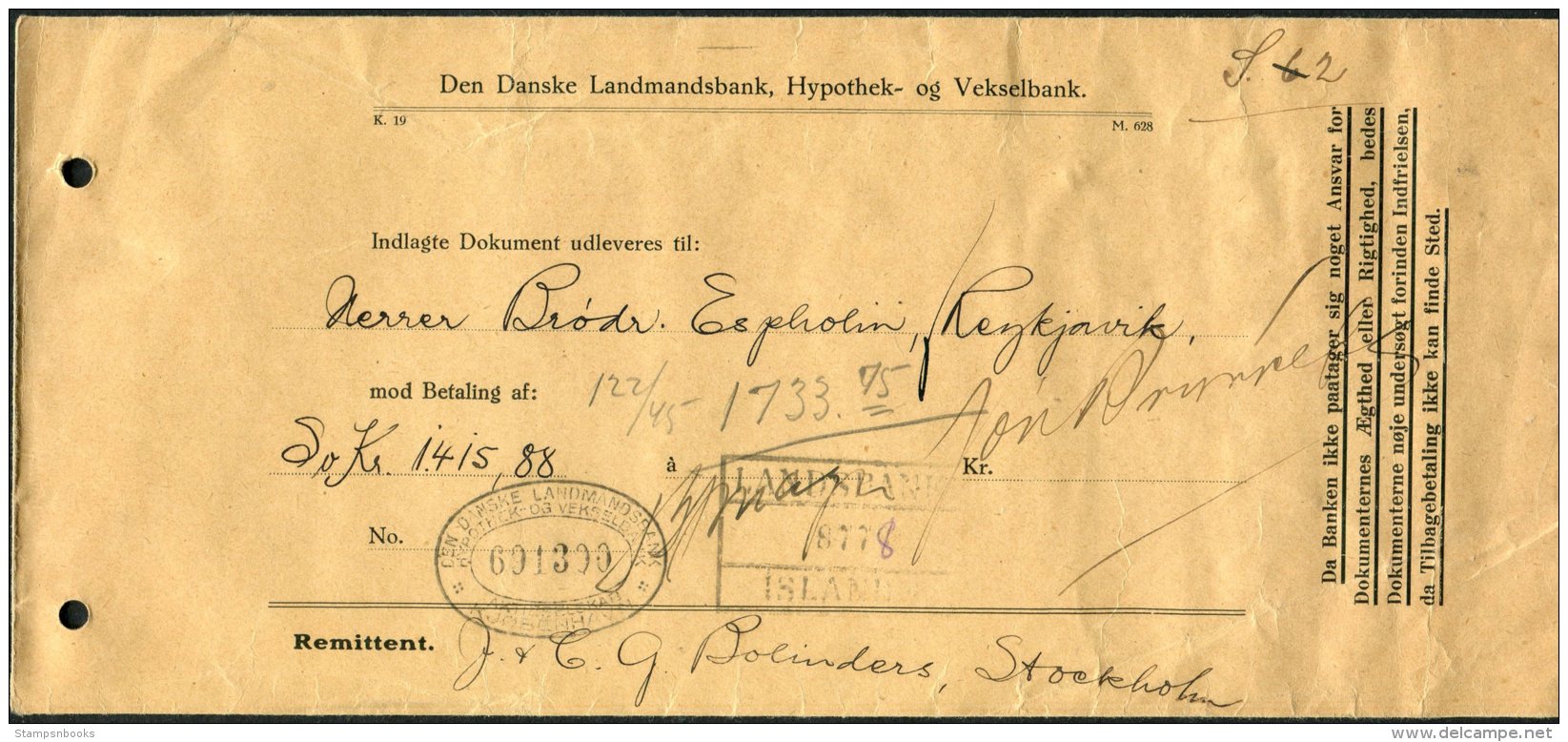 1920/30s Iceland Landsbanki Danske Landmandsbank, Hypothek Og Vekselbank Stockholm - Reykjavik Document Cover - Cartas & Documentos