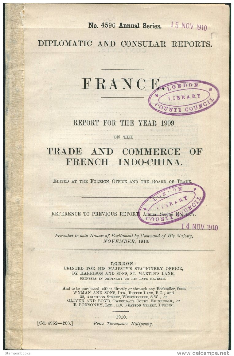 1910 London Foreign Office Diplomatic Report - France: Trade &amp; Commerce Of French Indo-China 1909 (inc Map) - 1900-1949