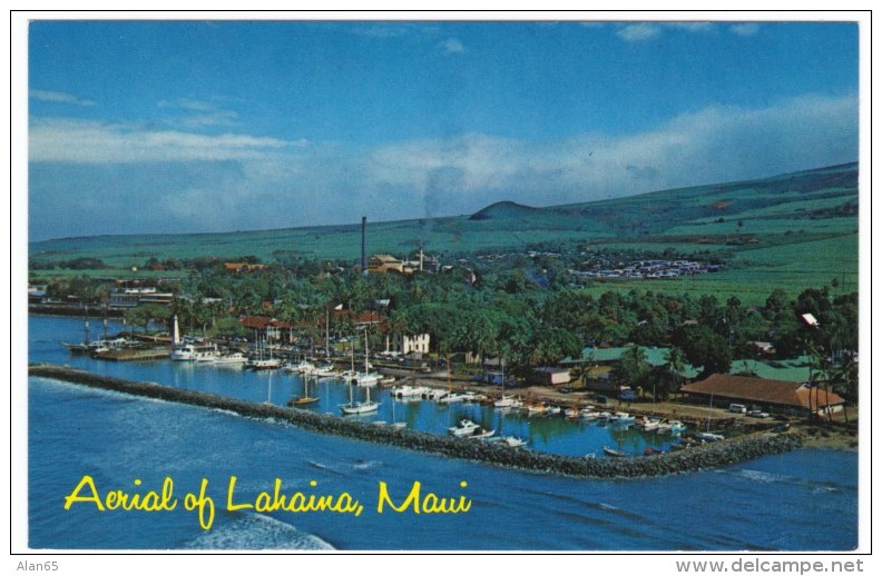 Lahaiana Maui Hawaii, Aerial View Of Town And Marina, Harbor Boats, C1960s/70s Vintage Postcard - Maui