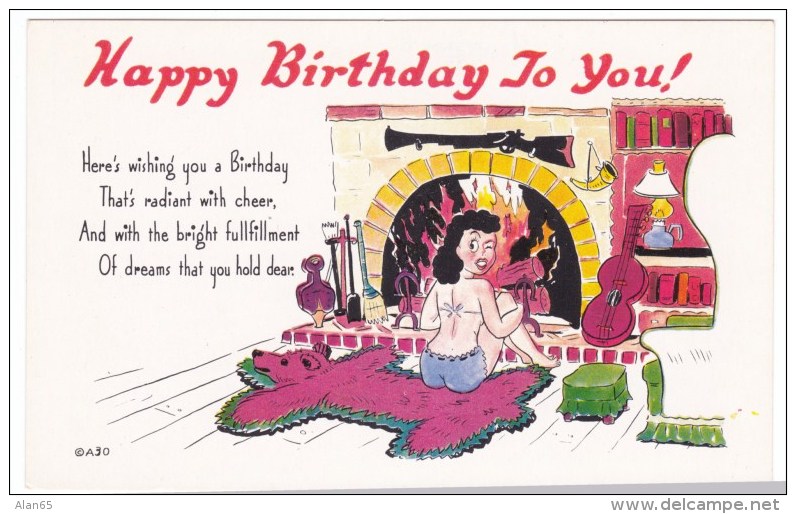 Risque Humor Birthday Wishes, Woman Waits By Fireplace On Bear Rug And Winks, C1960s Vintage Postcard - Pin-Ups