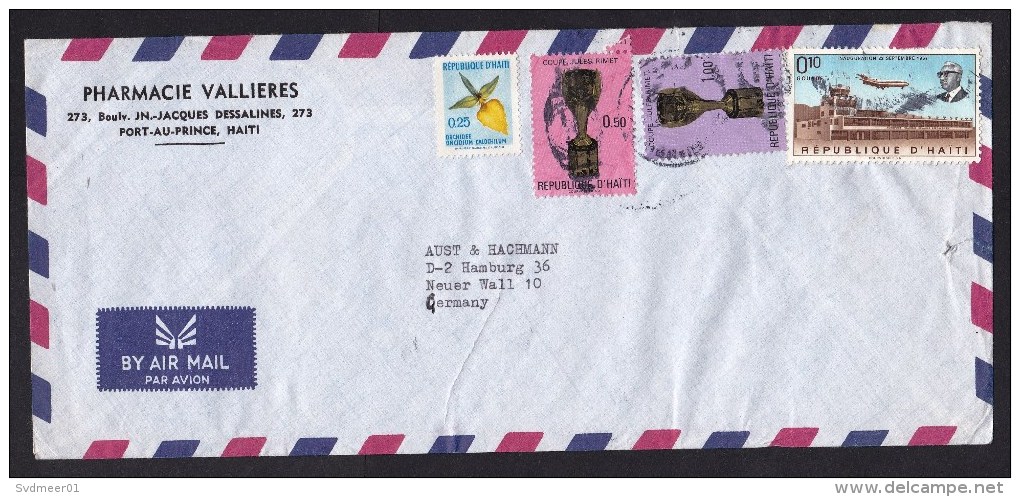 Haiti: Airmail Cover To Germany, 4 Stamps, Soccer Cup, Football, Sports, Airport, Duvalier, Flower (minor Damage) - Haïti