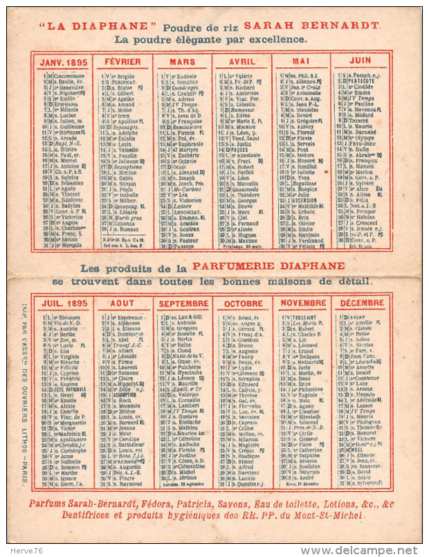 Petit Calendrier 1895 - Parfumerie Diaphane - Avenue De L'Opéra - Paris - Ange - Petit Format : ...-1900