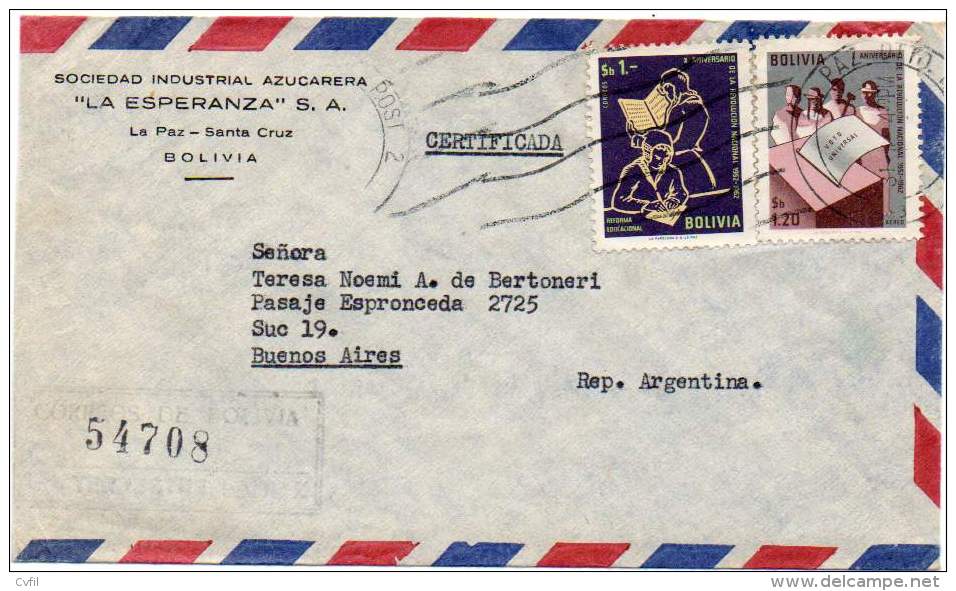 BOLIVIA 1963 - Registered Air Cover From La Paz To Buenos Aires, Argentina. Revolution Of 1952. - Bolivia