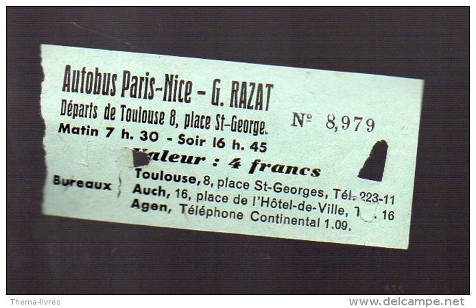 (toulouse Haute Garonne) Ticket AUTOBUS PARIS-NICE  Valeur 4fr (PPP3810) - Europe