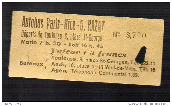 (toulouse Haute Garonne) Ticket AUTOBUS PARIS-NICE  Valeur 3fr (PPP3811) - Europe