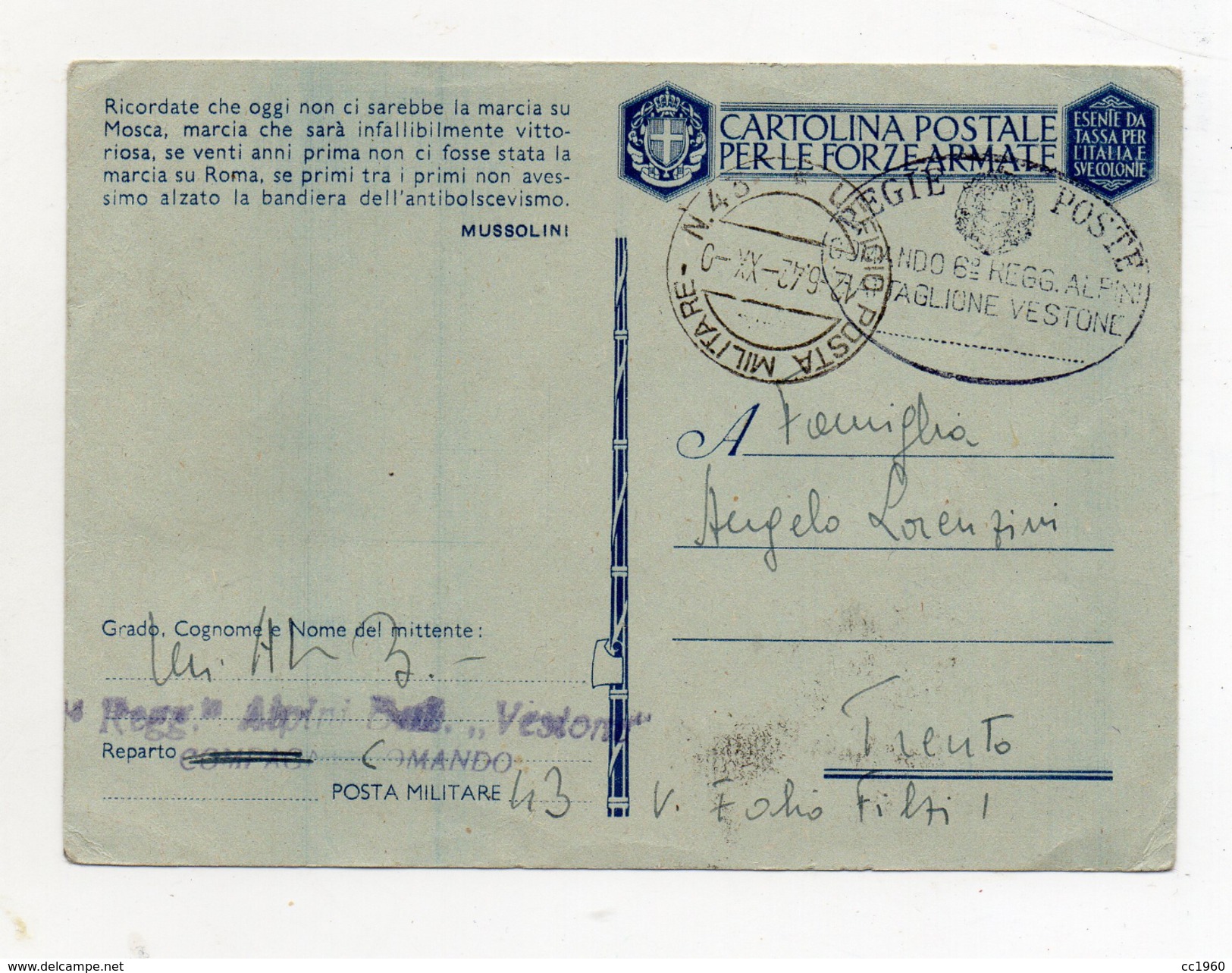 Italia Regno - 11.06.1942- Cartolina Postale Per Le Forze Armate - Regie Poste - Comando 6° RGT Alpini - (FDC225) - Guerra 1939-45