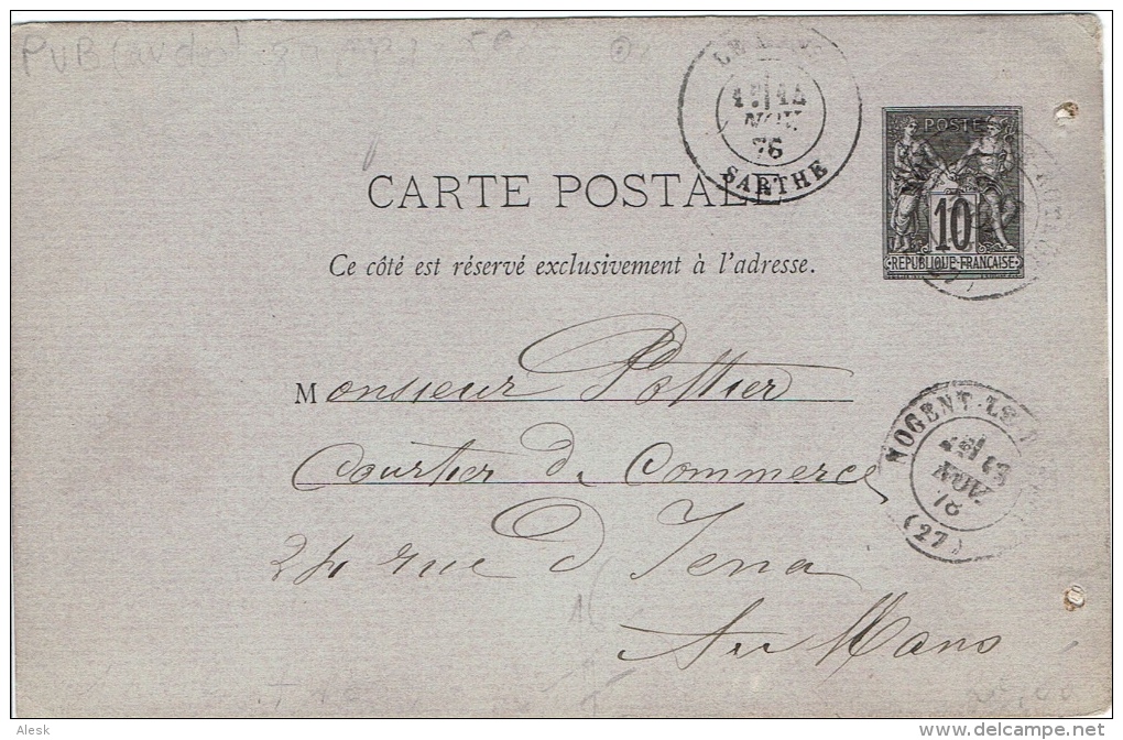 CARTE-POSTALE Sage 10c Noir G1 - 89-CP2 - Nogent Le Rotrou 13 Novembre 1878 Pour Le Mans 14 Novembre 1878 - 2 Lignes - Autres & Non Classés