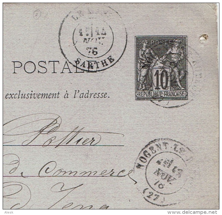 CARTE-POSTALE Sage 10c Noir G1 - 89-CP2 - Nogent Le Rotrou 13 Novembre 1878 Pour Le Mans 14 Novembre 1878 - 2 Lignes - Autres & Non Classés